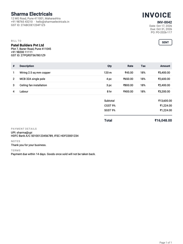 Preview of the India GST invoice template with CGST and SGST lines