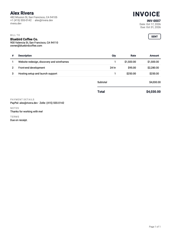 Preview of the simple invoice template for freelancers
