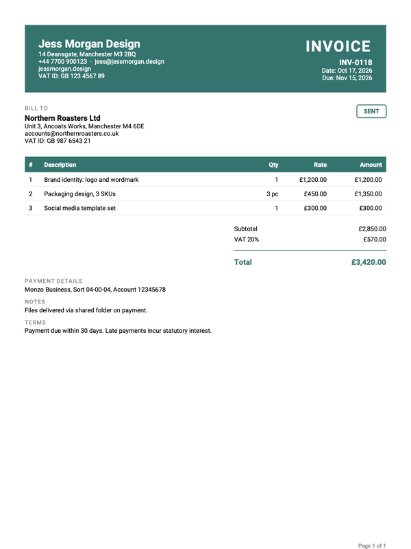 Preview of the UK VAT invoice template with VAT number and VAT total